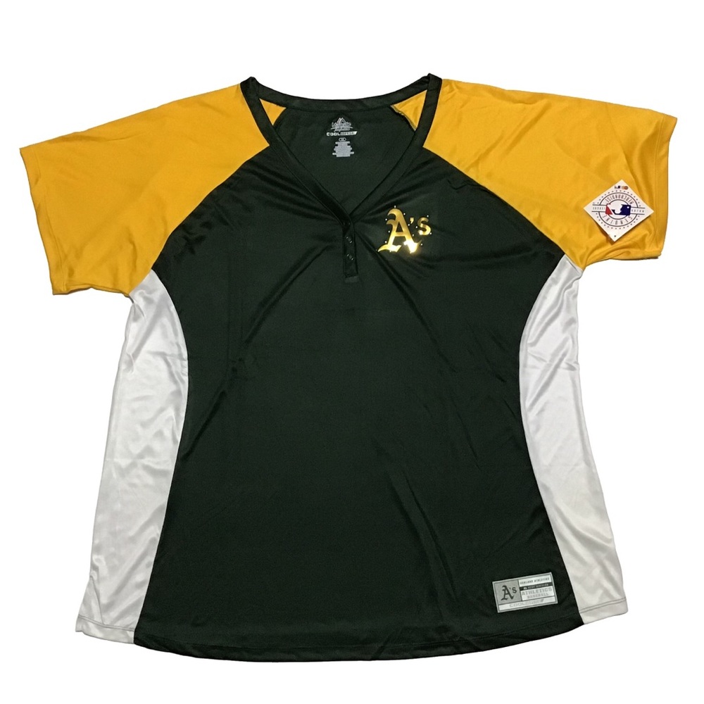 Womens Majestic Green Oakland Athletics Rhinestone Henley Cool Base V-Neck 3X 4X